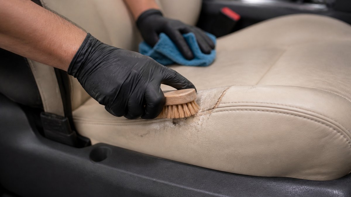 Professional technician's hands carefully cleaning and preparing a torn leather car seat with soft brush and microfiber cloth, showing the damaged area being cleaned before repair work begins