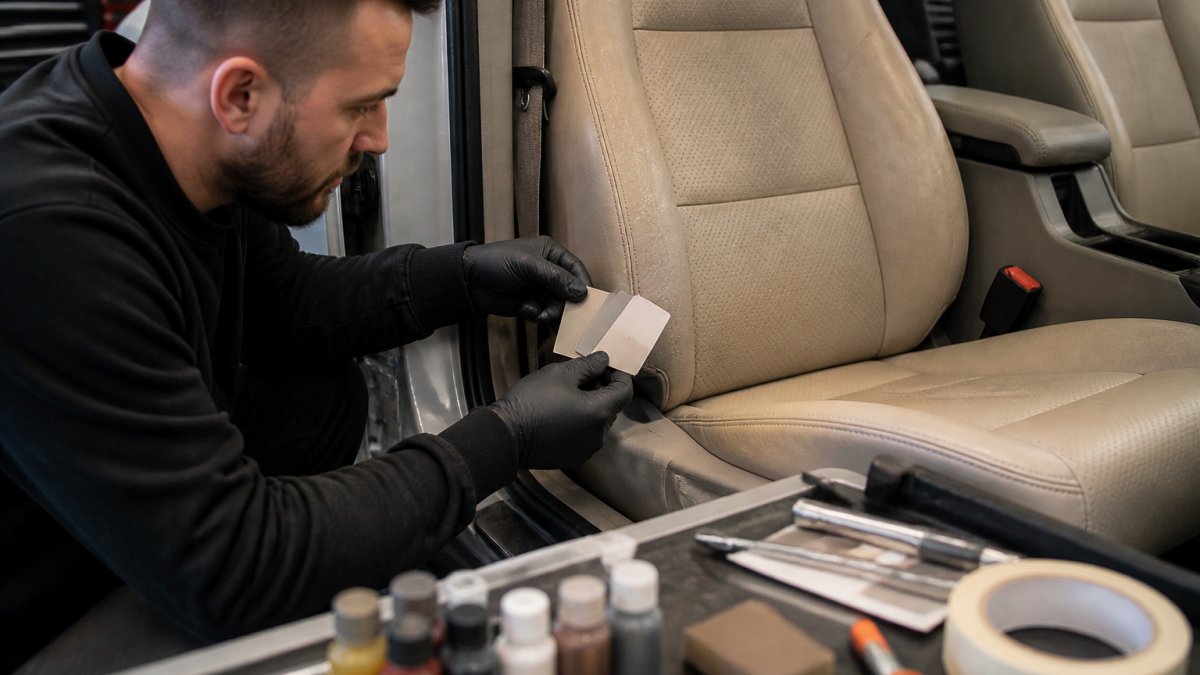 Professional technician in workshop examining car seat damage under bright lighting, holding colour-matching samples against leather upholstery